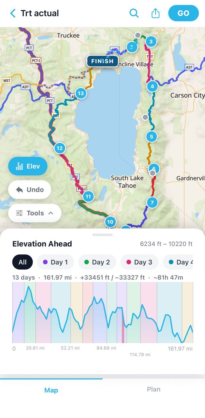 Backpackers Friend showing a 13-day Tahoe Rim Trail plan, with each day's leg in a separate color around the lake and an elevation profile for the whole trip below the map