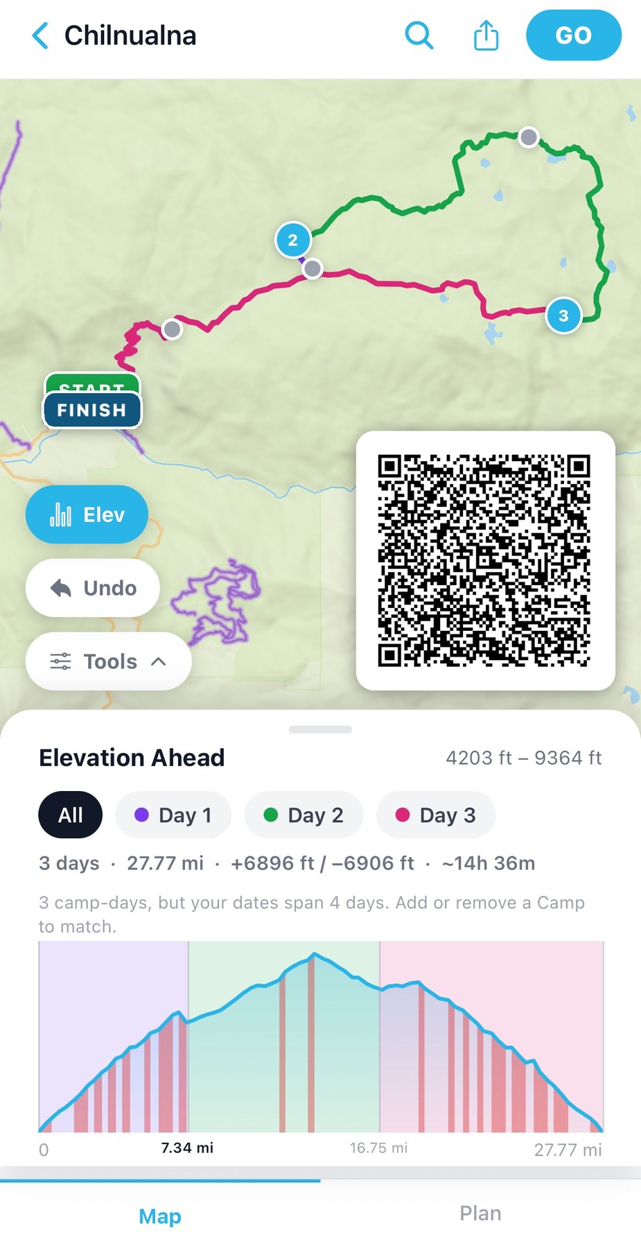 The Backpackers Friend app showing the three-day Chilnualna to Buena Vista loop on a topographic map with camps marked, an elevation profile below reading 27.77 miles and 6,896 feet of gain, and a scannable share code overlaid on the map