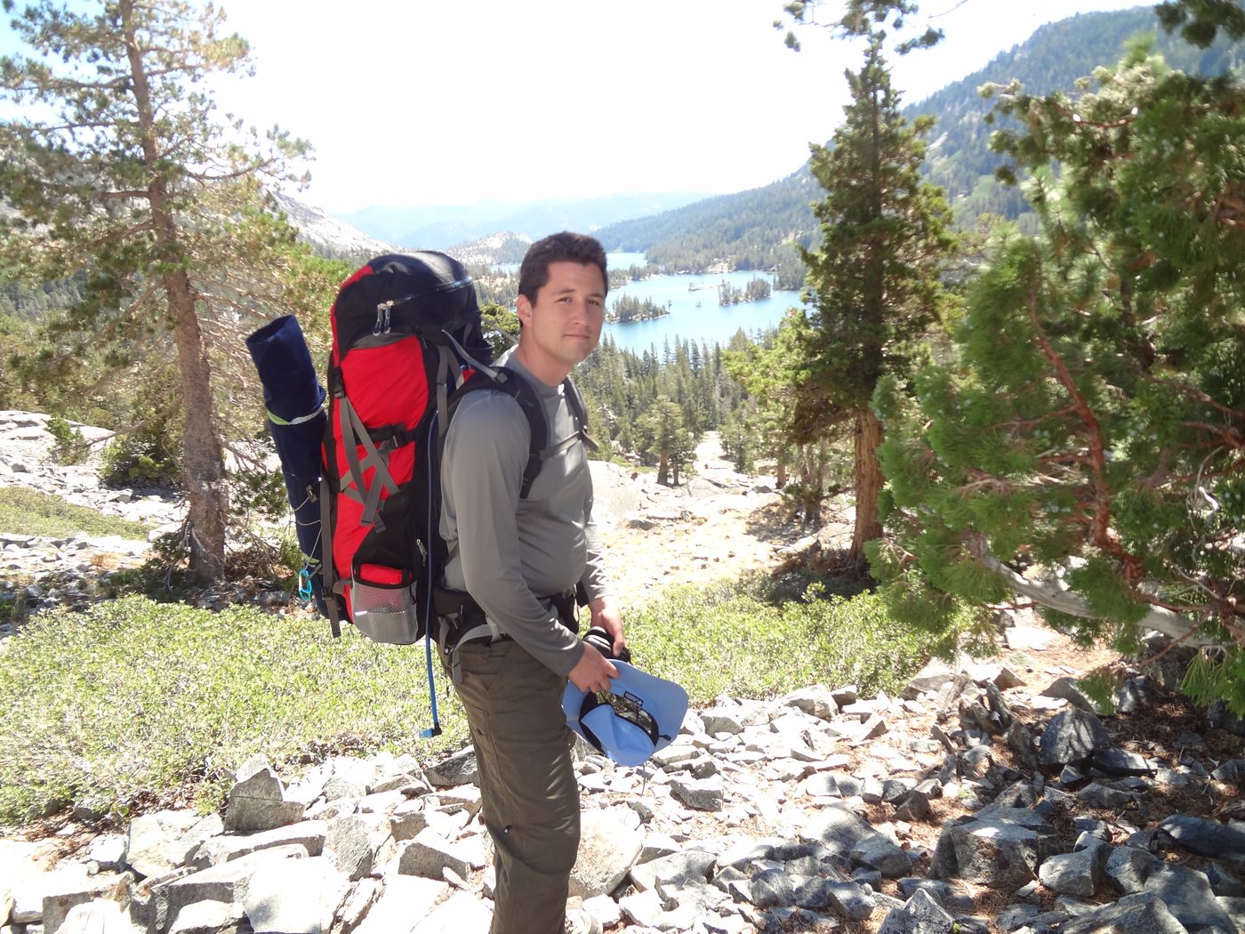First backpacking trip above Echo Lake in 2012 — borrowed pack, borrowed gear, a bulky sleeping bag rolled on top