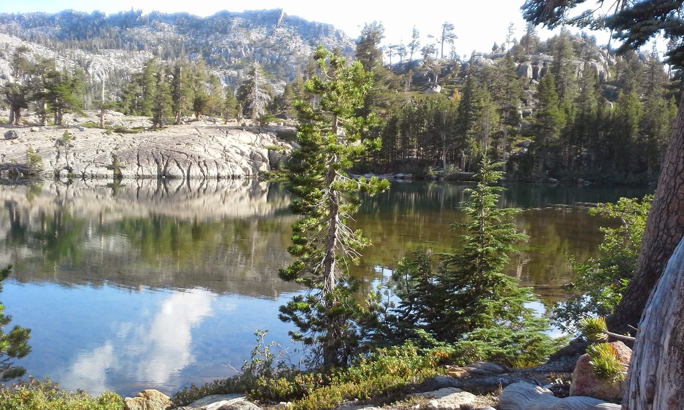 Wide granite-and-pine view in Desolation Wilderness on the hike out