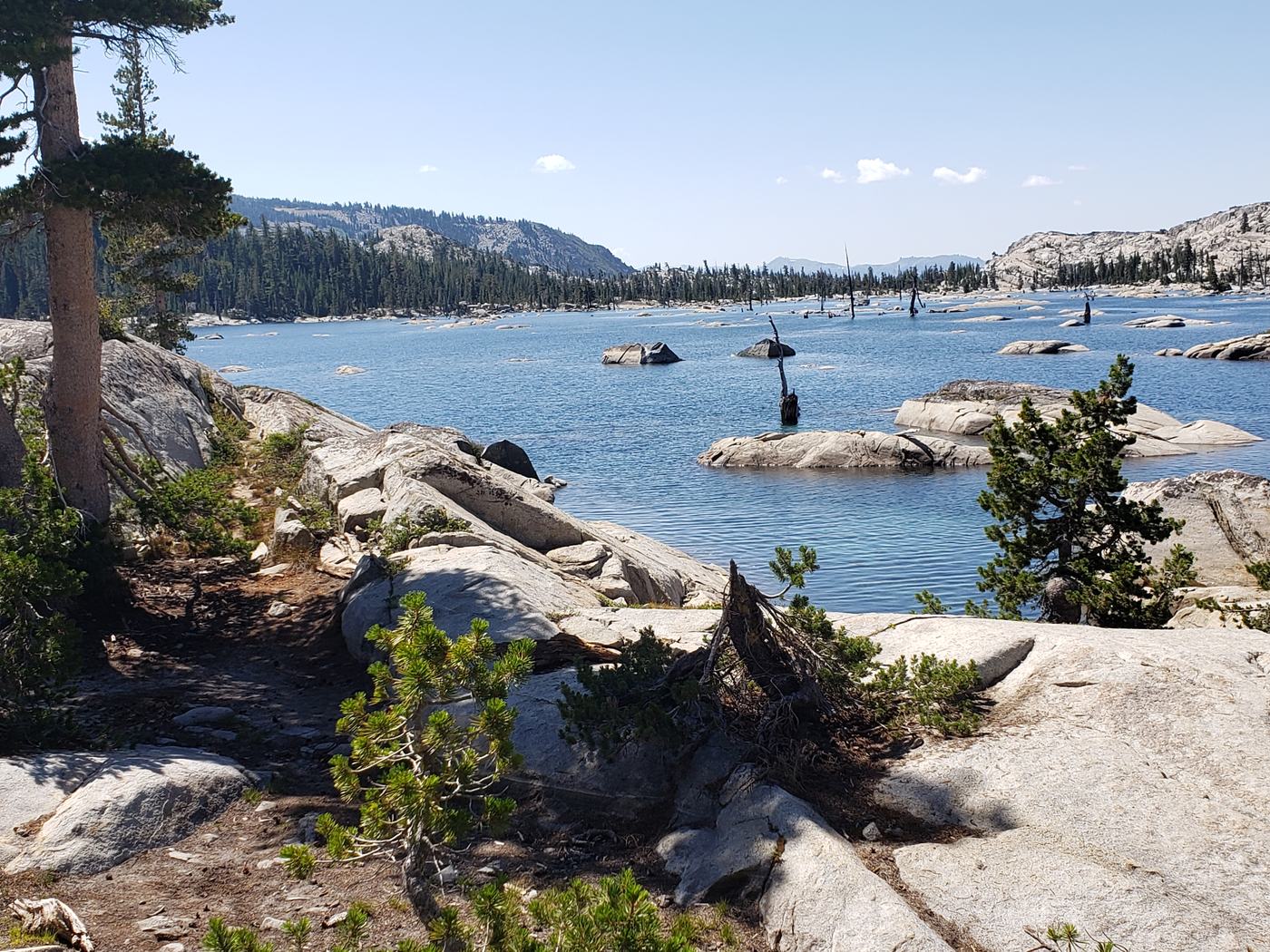 Lake Aloha in Desolation Wilderness, granite islands across shallow blue water