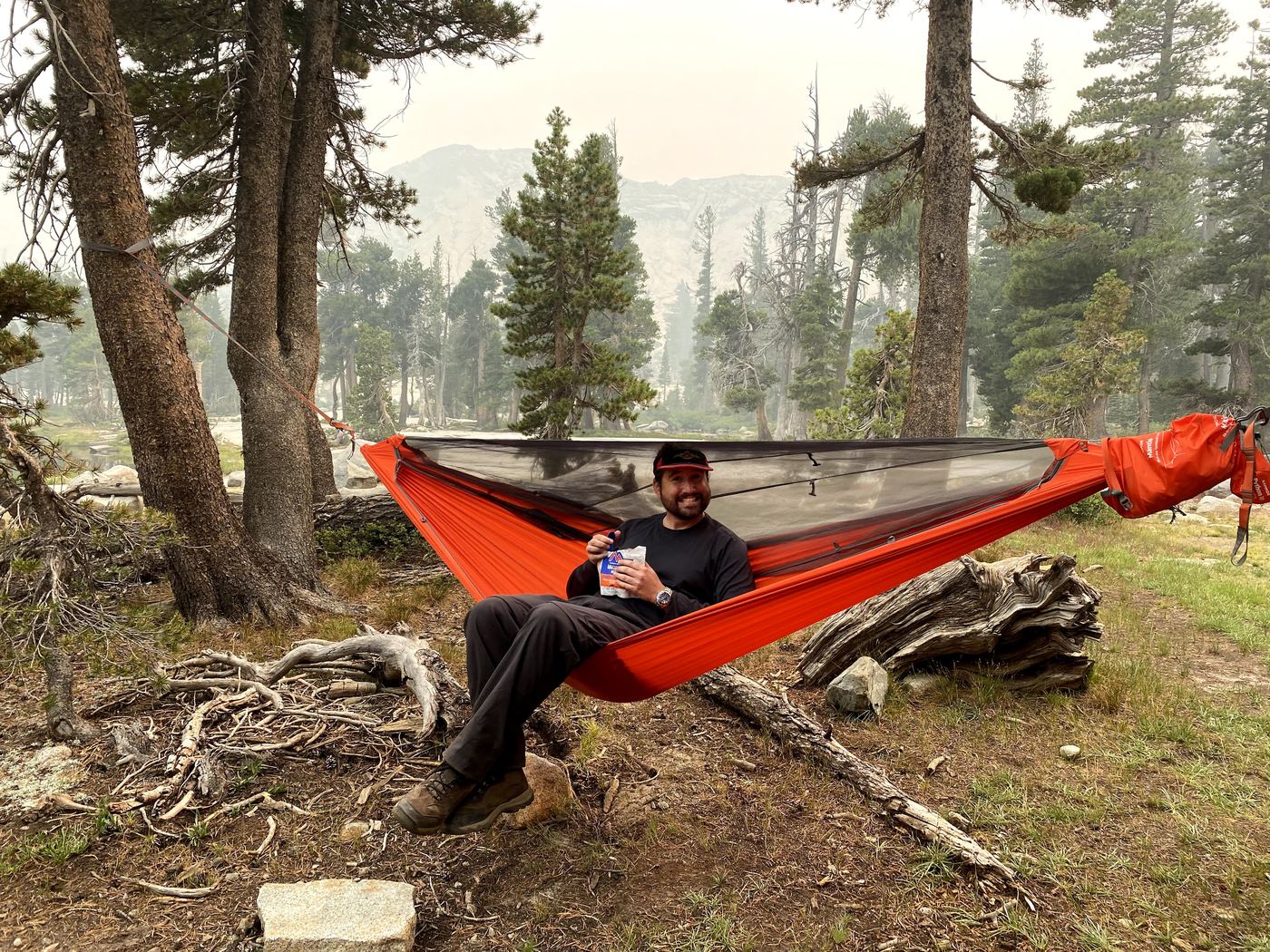 A new backpacking hammock set up at Middle Velma Lakes in Desolation Wilderness
