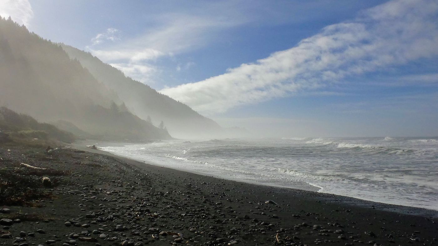 Mist hanging over the King Range mountains where they meet the black sand beach