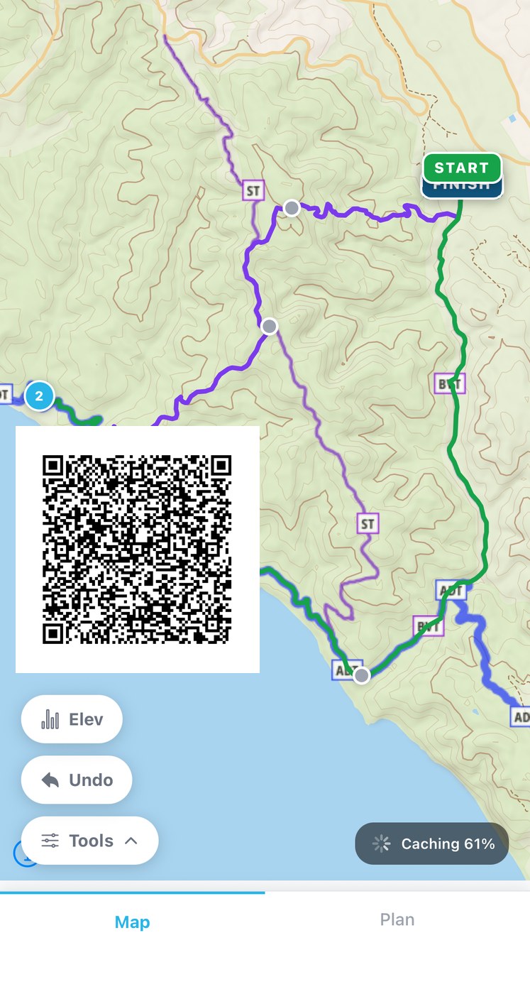 The Point Reyes route shown in the Backpackers Friend app, with the way in over Mount Wittenberg in purple, the Coast Trail return in green, Coast Camp marked on the shore, and a QR code that opens the trip