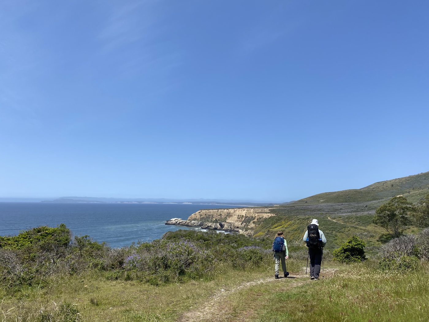 Two backpackers on a faint trail high on a green coastal bluff, distant headlands across the bay