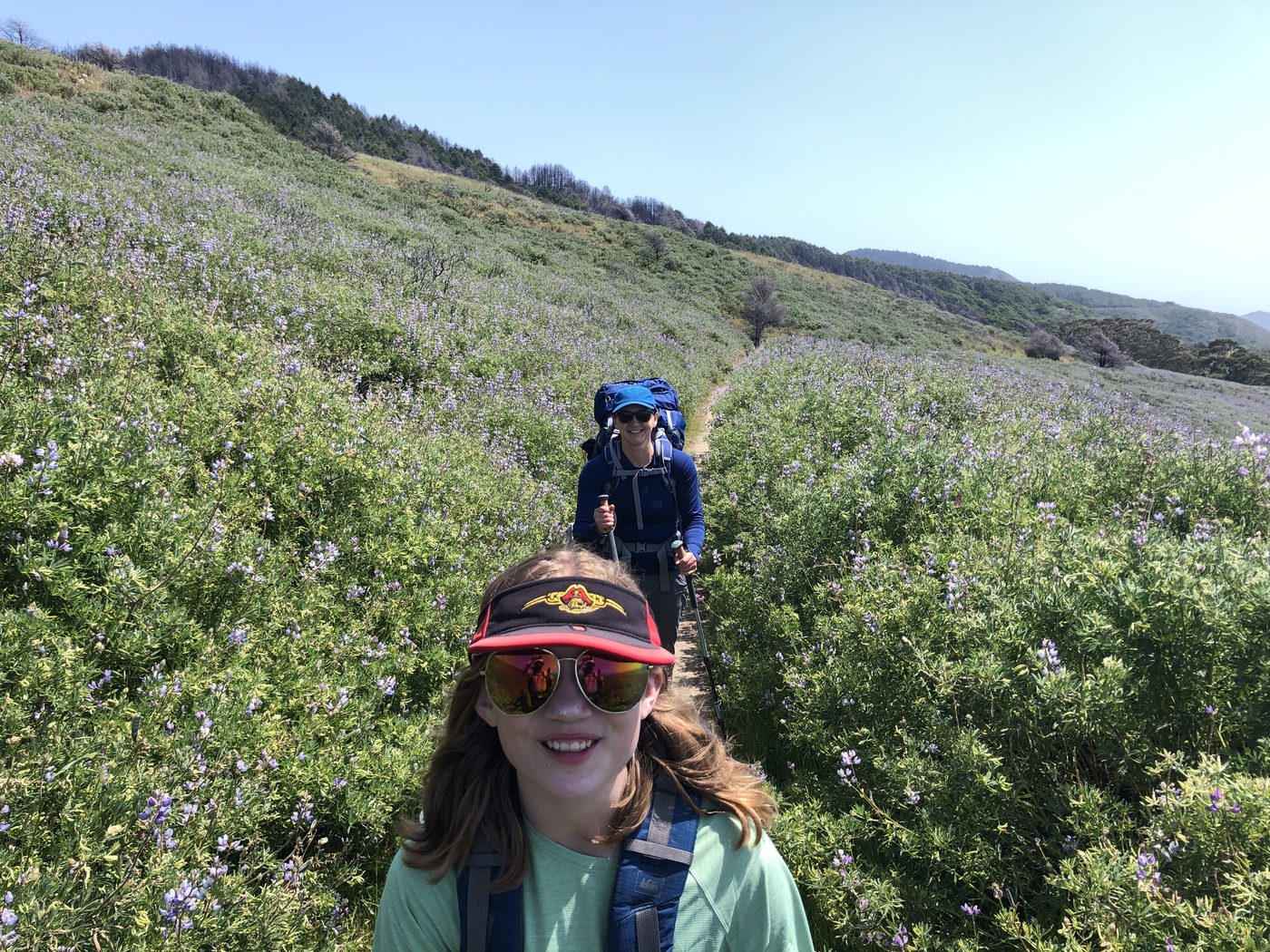 A young girl in a red visor and mirrored sunglasses leading a hike through a hillside of purple lupine, an adult on the trail behind