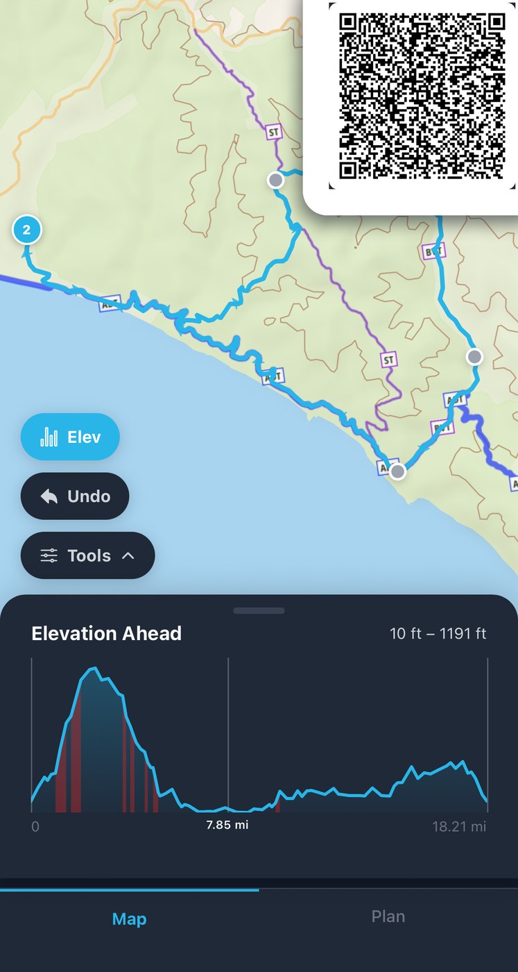The Coast Camp route shown in the Backpackers Friend app, with the trail on the map, an elevation profile, and a QR code in the corner