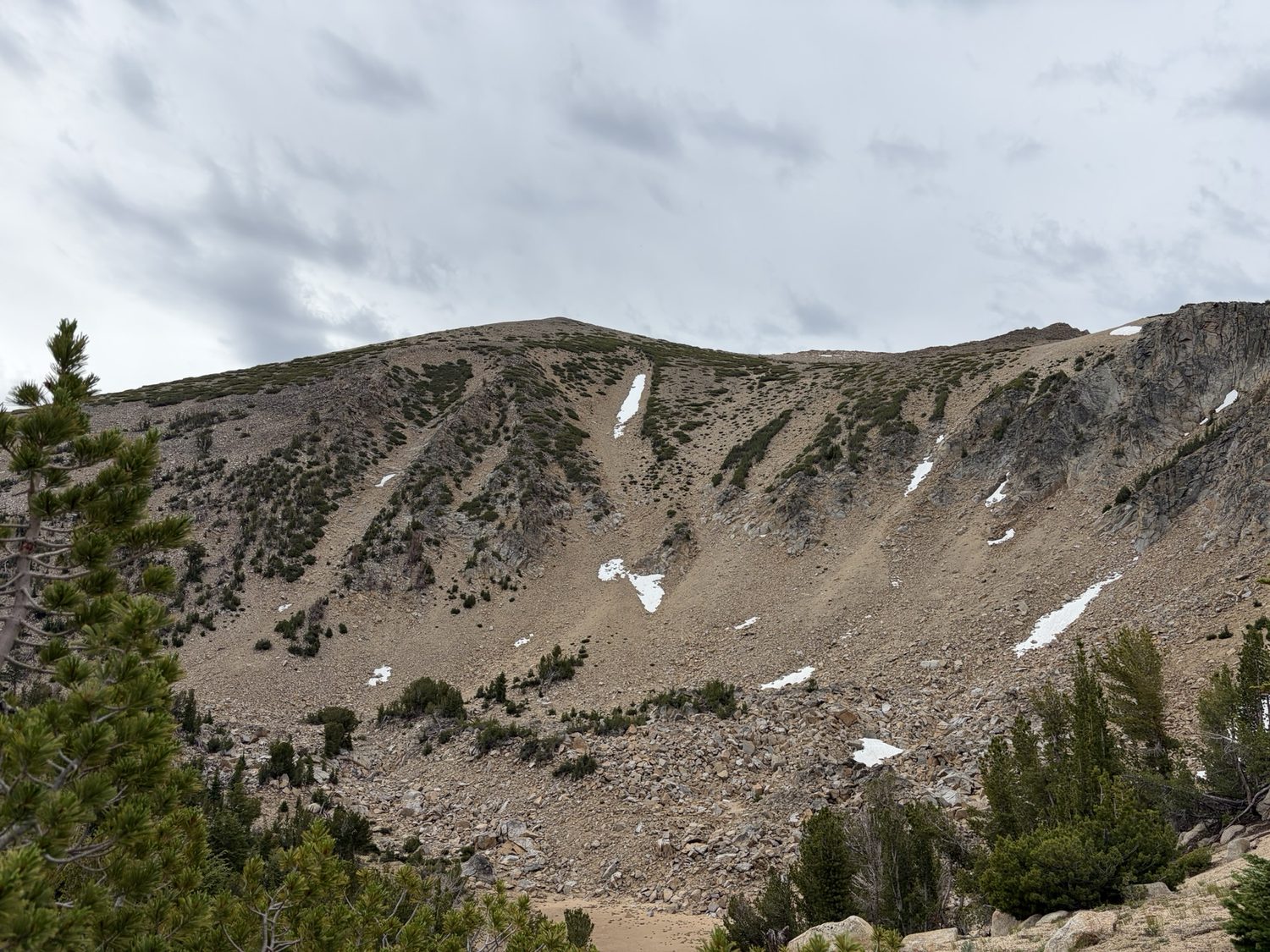 The Freel Peak massif with a few tiny lingering snow patches in mid-July on the Tahoe Rim Trail