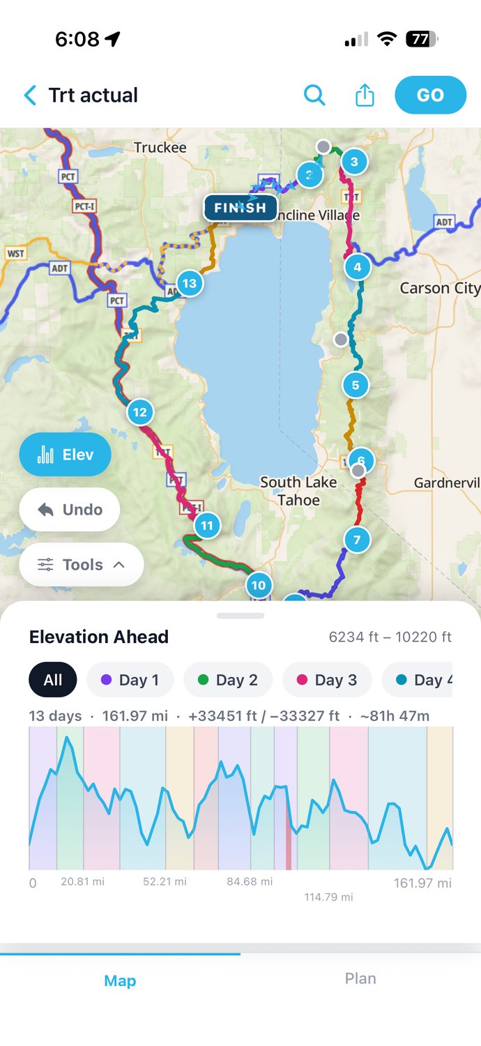 The Backpackers Friend app showing the full Tahoe Rim Trail route around Lake Tahoe with a color-coded elevation profile by day