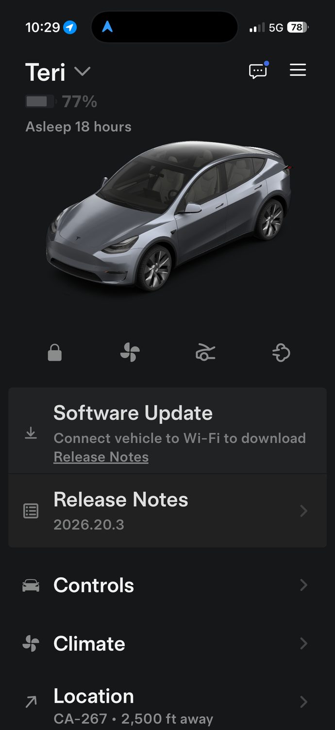 A car's phone app showing the vehicle parked and asleep near the Brockway trailhead