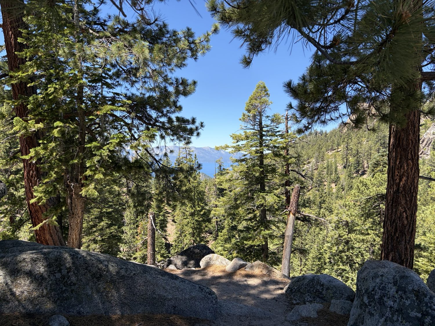 A trail sign showing mileages to Spooner Summit, Tahoe Meadows, and Tahoe City 73 miles away