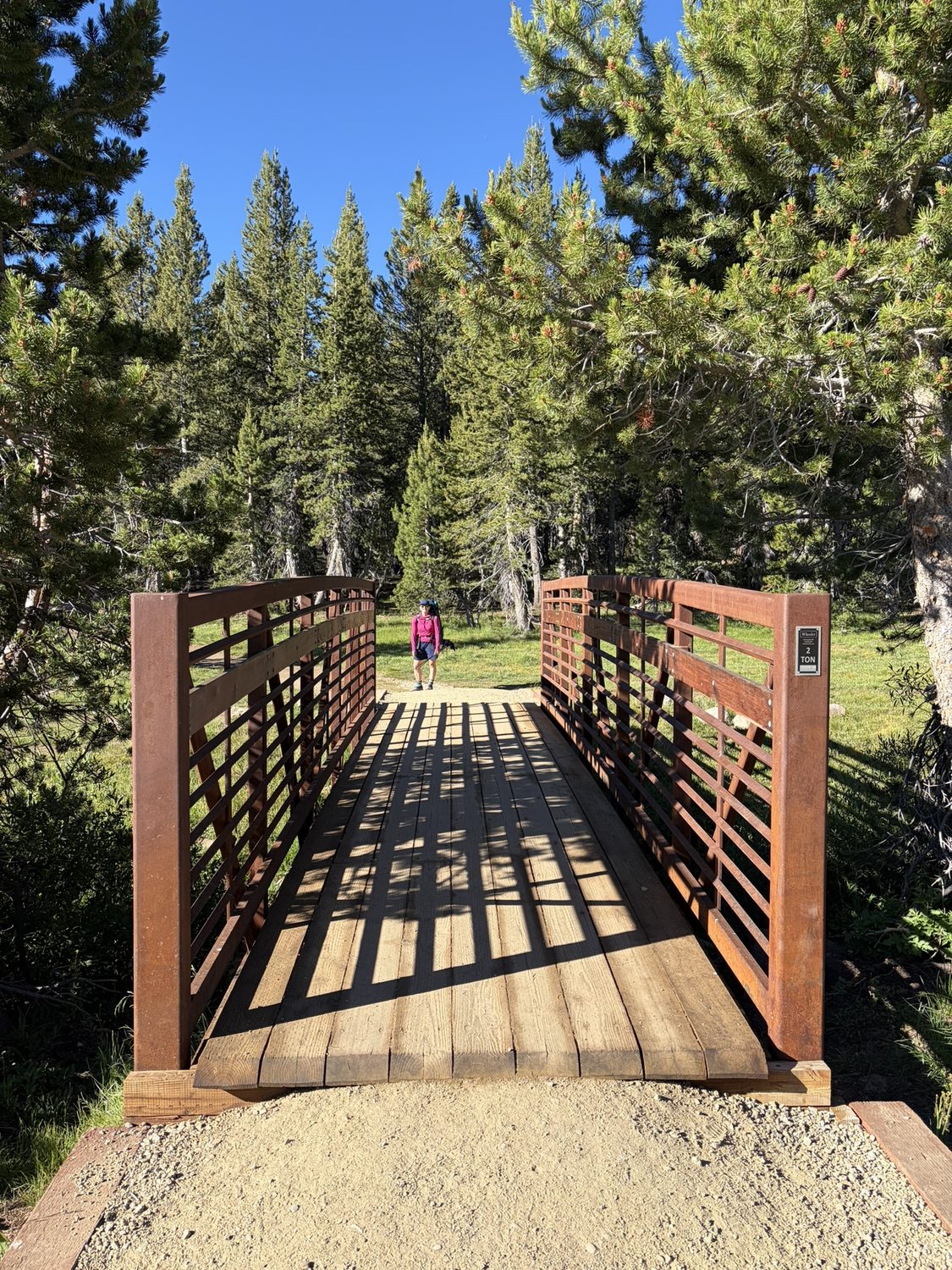 A backpacker crossing a large wooden trail bridge in the forest on the east rim