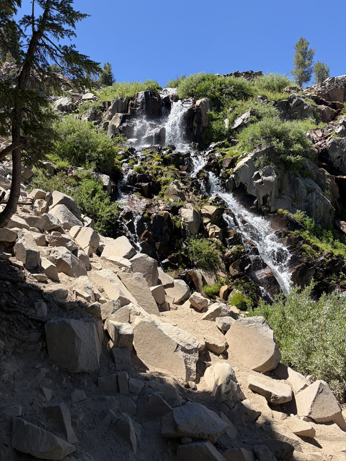 A small waterfall tumbling over dark rocks beside the trail in the Mt Rose Wilderness
