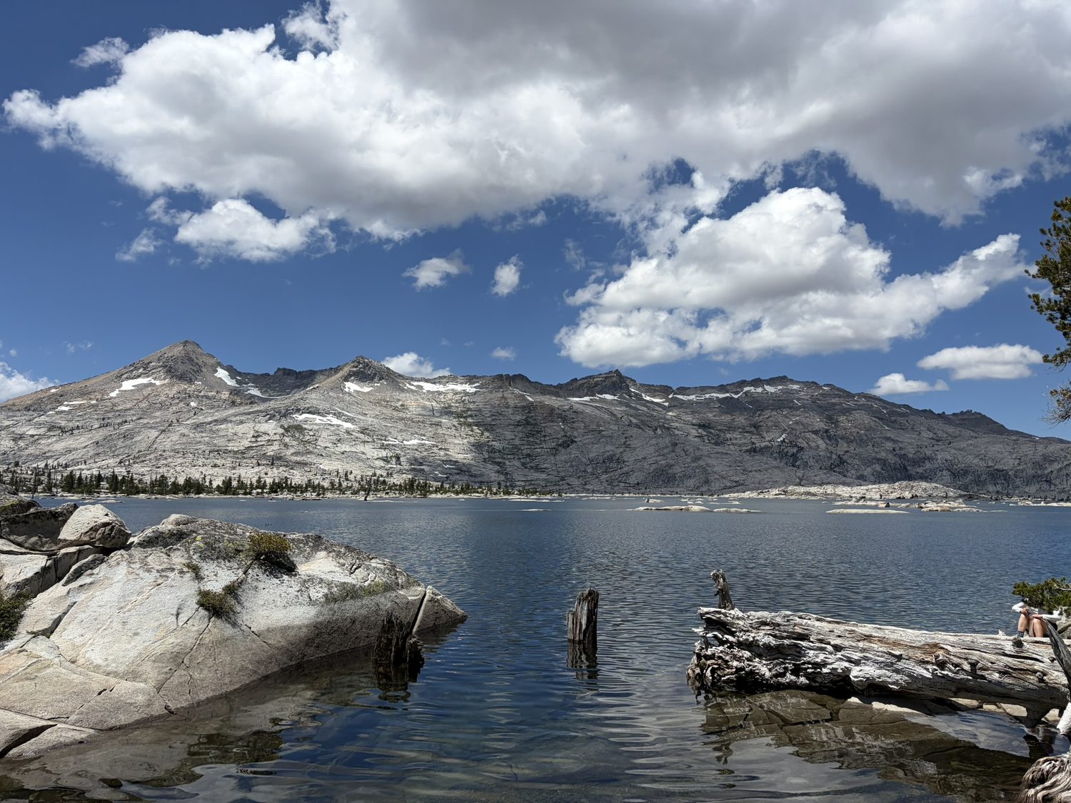 Lake Aloha with granite islands and dead snags in the water beneath the snow-patched Crystal Range