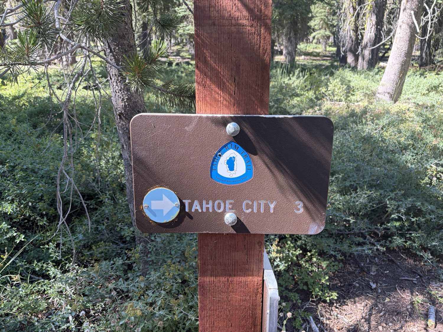 A Tahoe Rim Trail marker and a sign reading Tahoe City 3 miles