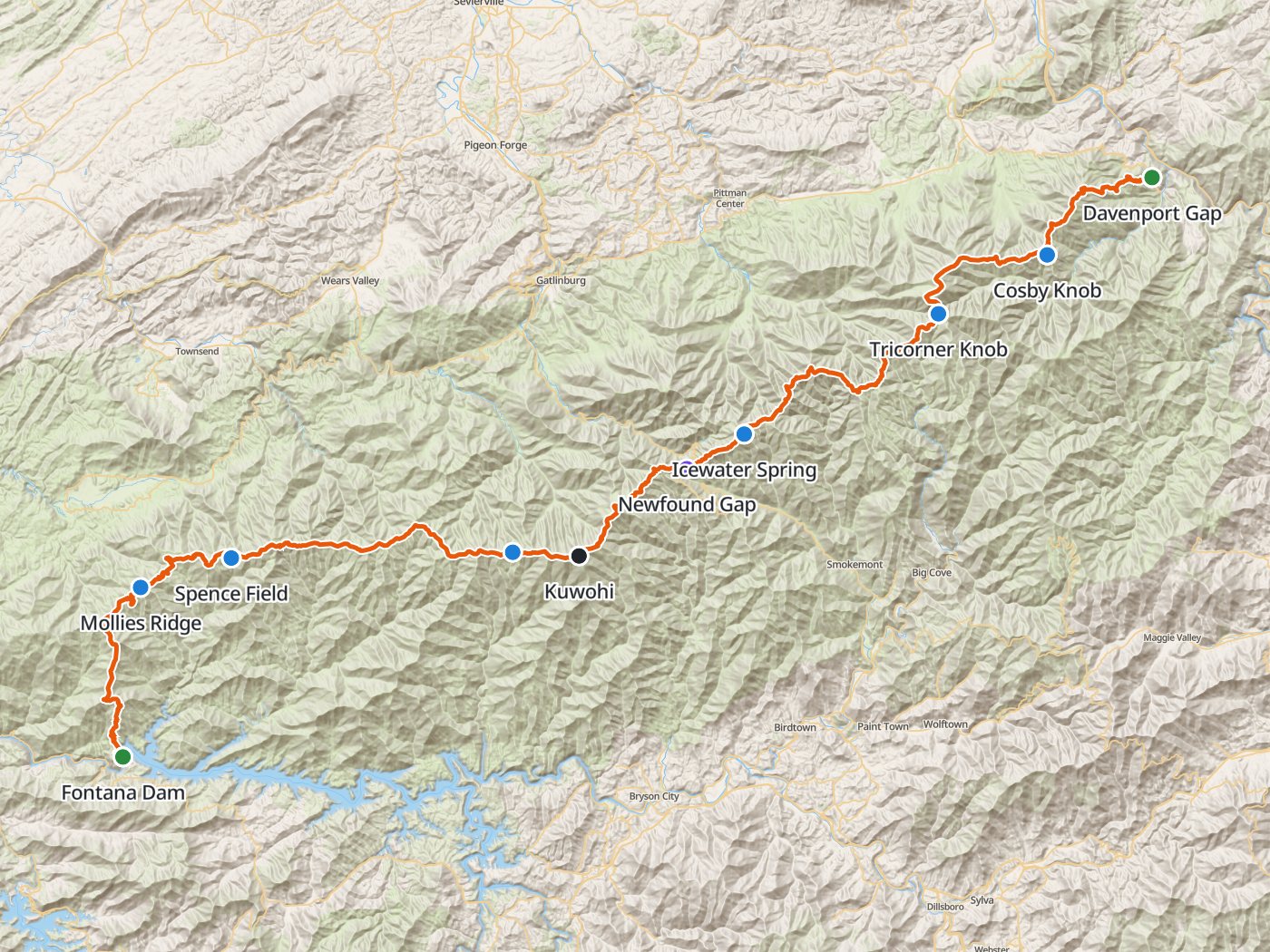 Topographic map of the Appalachian Trail through the Smokies, with the route drawn in orange from Davenport Gap southwest along the crest past Cosby Knob, Tricorner Knob, Icewater Spring, Newfound Gap, Kuwohi, Double Spring Gap, Spence Field, and Mollies Ridge to Fontana Dam