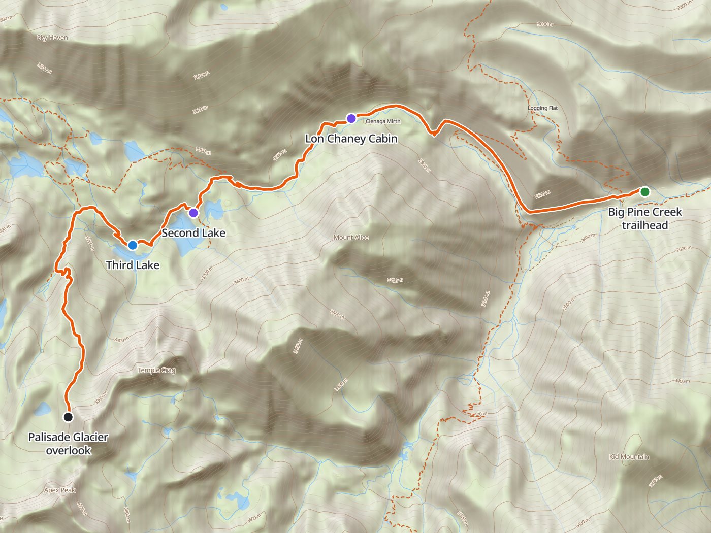 Topographic map of the North Fork of Big Pine Creek, with the route drawn in orange from the trailhead west past the Lon Chaney Cabin to Second Lake and Third Lake, then south past Sam Mack Meadow to the Palisade Glacier overlook
