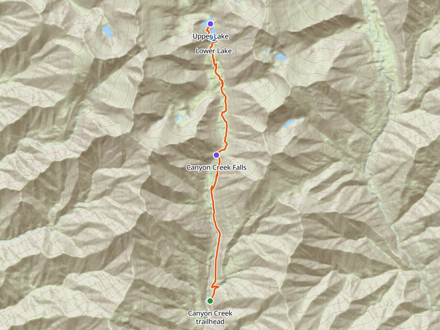 Topographic map of the Canyon Creek trail, with the route drawn in orange from the Canyon Creek trailhead north past The Sinks and Canyon Creek Falls to Lower and Upper Canyon Creek Lakes