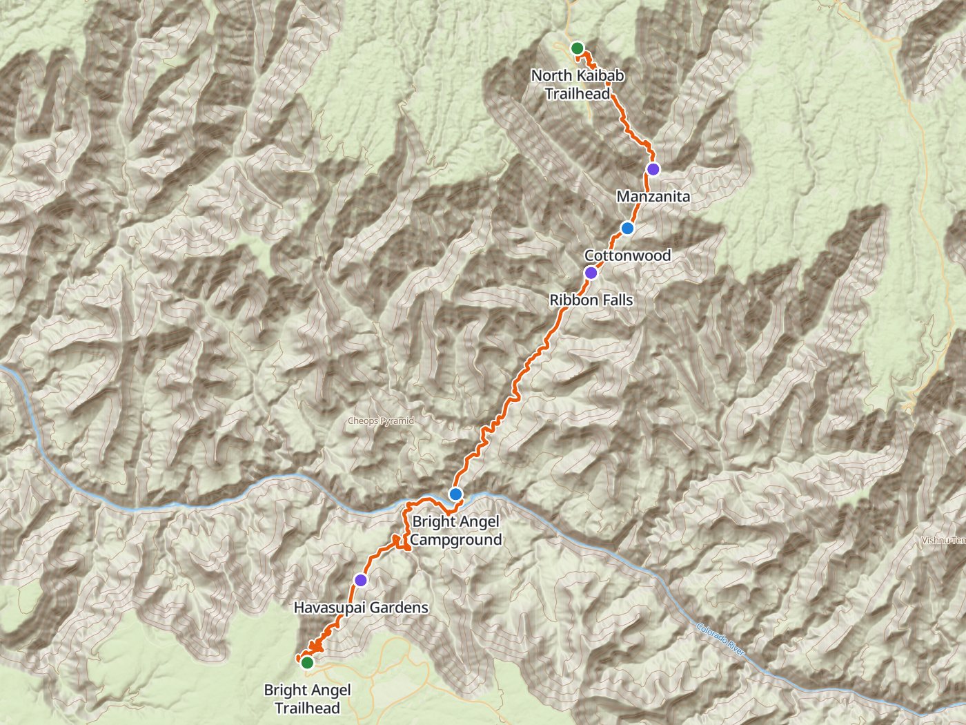 Topographic map of the Grand Canyon rim-to-rim route, with the line drawn in orange from the North Kaibab Trailhead south past Manzanita, Cottonwood Campground, and Ribbon Falls to Bright Angel Campground at the Colorado River, then up past Havasupai Gardens to the Bright Angel Trailhead on the South Rim