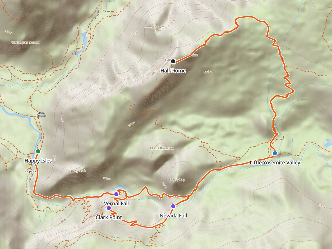 Topographic map of the Half Dome route, with the line drawn in orange from Happy Isles up the Mist Trail past Vernal and Nevada falls to Little Yosemite Valley, north to the summit of Half Dome, and back to Happy Isles past Clark Point