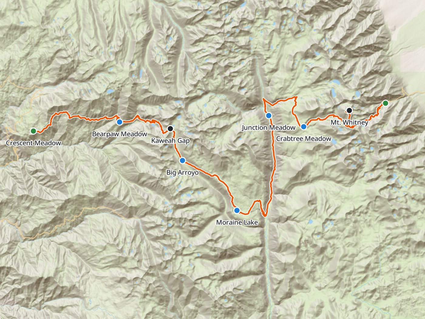 Topographic map of the High Sierra Trail, with the route drawn in orange from Crescent Meadow east past Bearpaw Meadow and Kaweah Gap, south to Moraine Lake, north up the Kern Canyon to Junction Meadow, and east past Crabtree Meadow over Mount Whitney to Whitney Portal