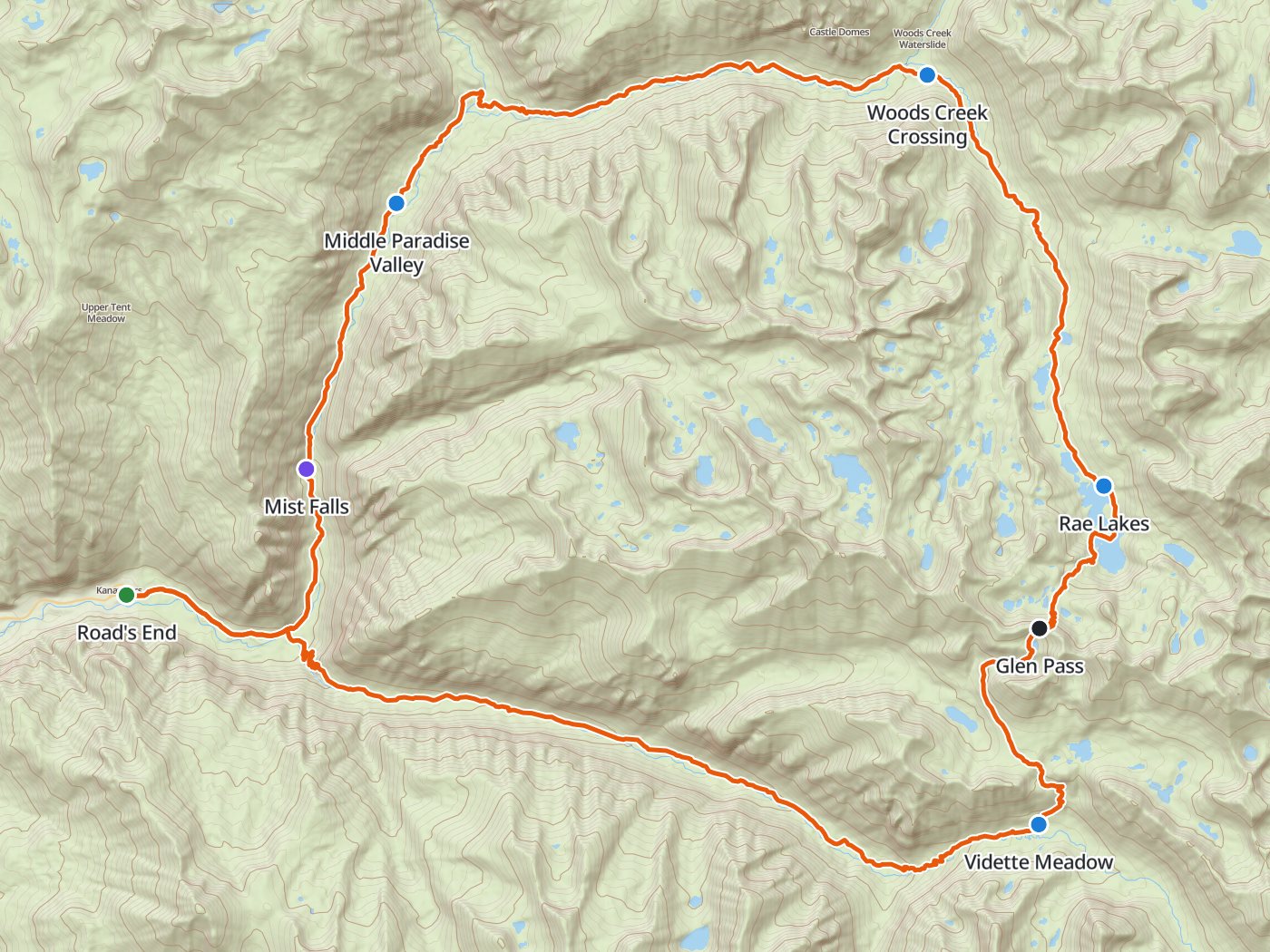 Topographic map of the Rae Lakes Loop in Kings Canyon, with the route drawn in orange from Road's End north through Paradise Valley, east to Woods Creek Crossing, south past the Rae Lakes and Glen Pass, and west down Bubbs Creek back to Road's End