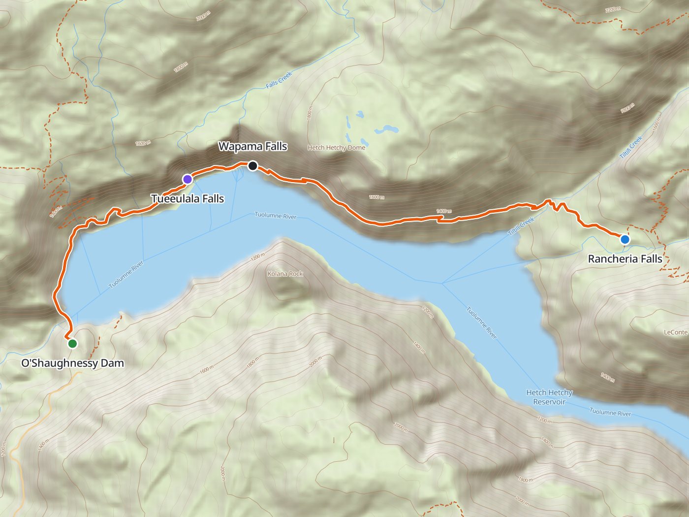 Topographic map of the Rancheria Falls route, with the line drawn in orange from O'Shaughnessy Dam north and east along the shore of Hetch Hetchy Reservoir past Tueeulala and Wapama falls to the camp at Rancheria Falls