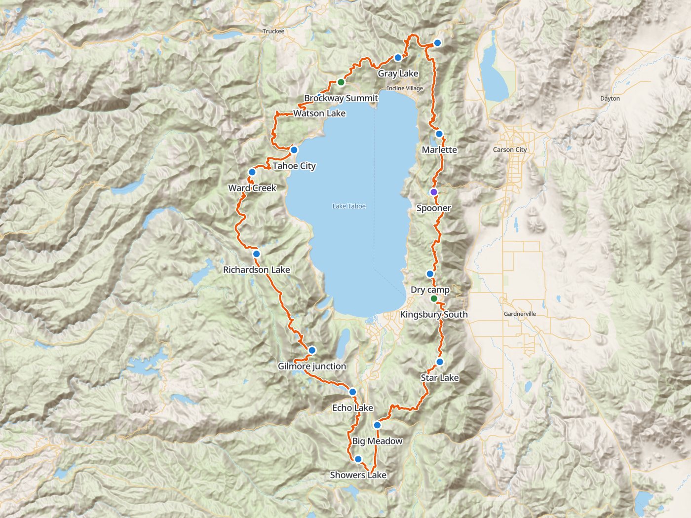 Topographic map of the Tahoe Rim Trail around Lake Tahoe, with the route drawn in orange clockwise from Brockway Summit past Gray Lake, Mount Rose Campground, Marlette, Spooner, Kingsbury South, Star Lake, Big Meadow, Showers Lake, Echo Lake, Desolation Wilderness, Richardson Lake, Ward Creek, Tahoe City, and Watson Lake