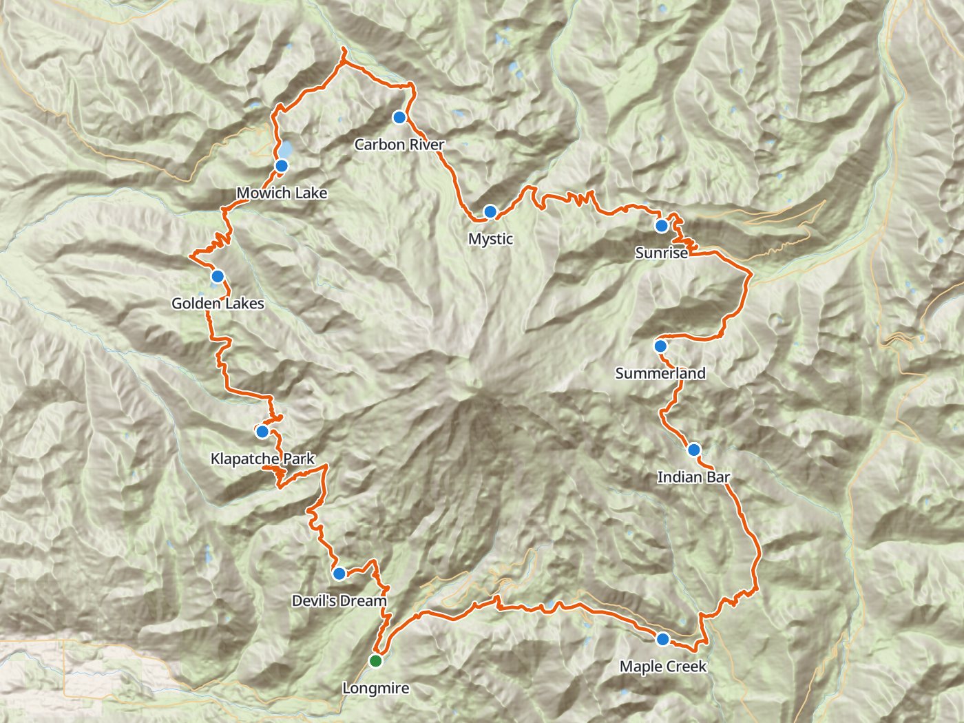 Topographic map of the Wonderland Trail around Mount Rainier, with the route drawn in orange clockwise from Longmire past Devil's Dream, Klapatche Park, Golden Lakes, Mowich Lake, Carbon River, Mystic, Sunrise, Summerland, Indian Bar, and Maple Creek back to Longmire