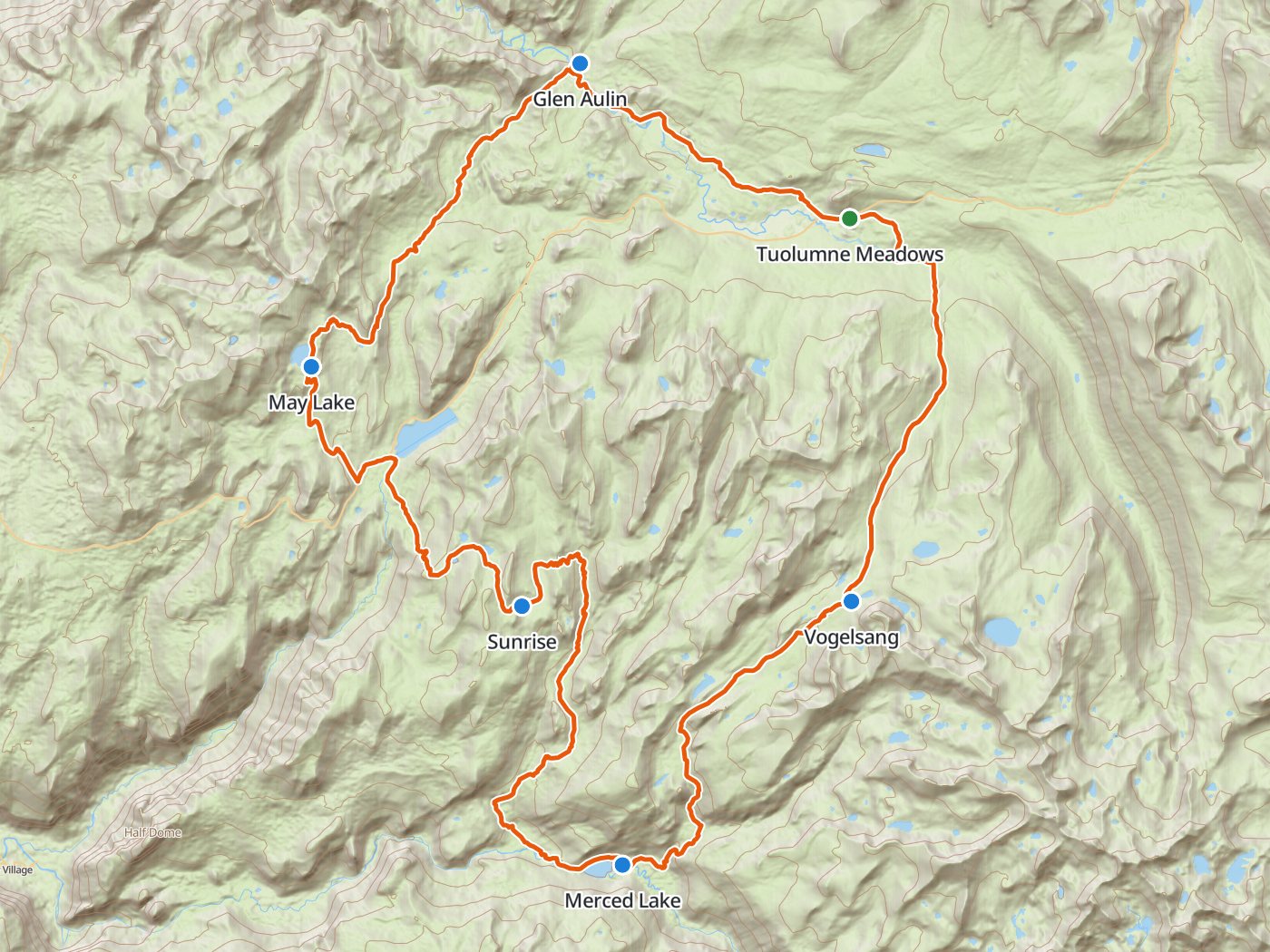Topographic map of the High Sierra Camps loop, with the route drawn in orange from Tuolumne Meadows south to Vogelsang and Merced Lake, northwest to Sunrise and May Lake, and northeast to Glen Aulin and back to Tuolumne Meadows