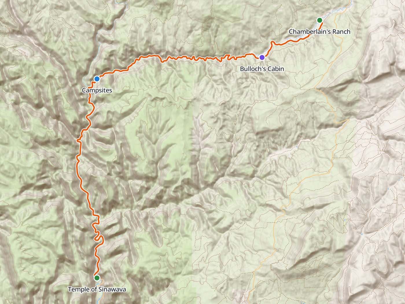 Topographic map of the top-down Zion Narrows, with the route drawn in orange from Chamberlain's Ranch west past Bulloch's Cabin down the North Fork of the Virgin River to the campsites, then south through the Narrows to the Temple of Sinawava